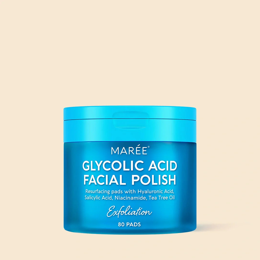 Maree Glycolic Acid Pads in a jar, showing 80 exfoliating toner pads for skin exfoliation and renewal.