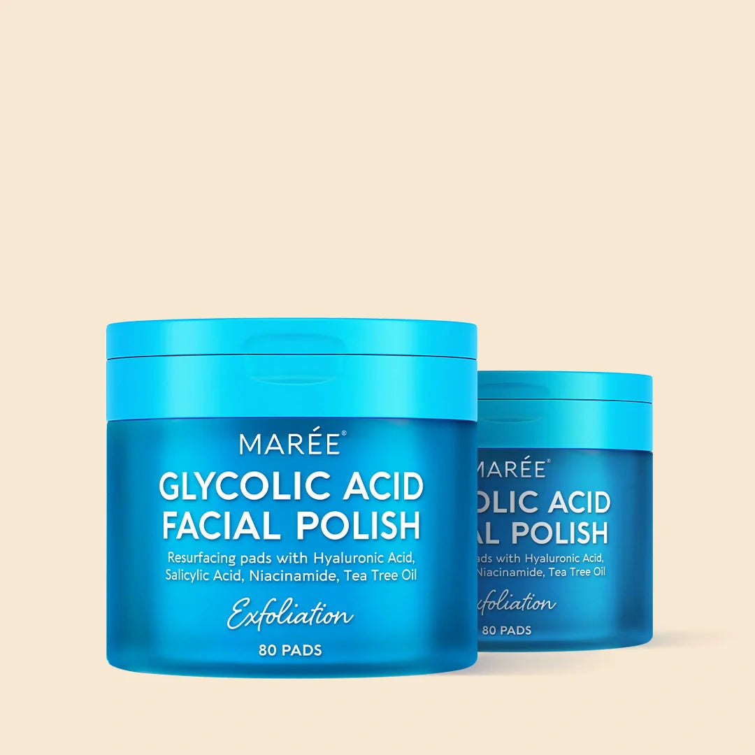 Maree Glycolic Acid Pads 80-pack with soft cotton pads for exfoliating and brightening skin in a clear container.
