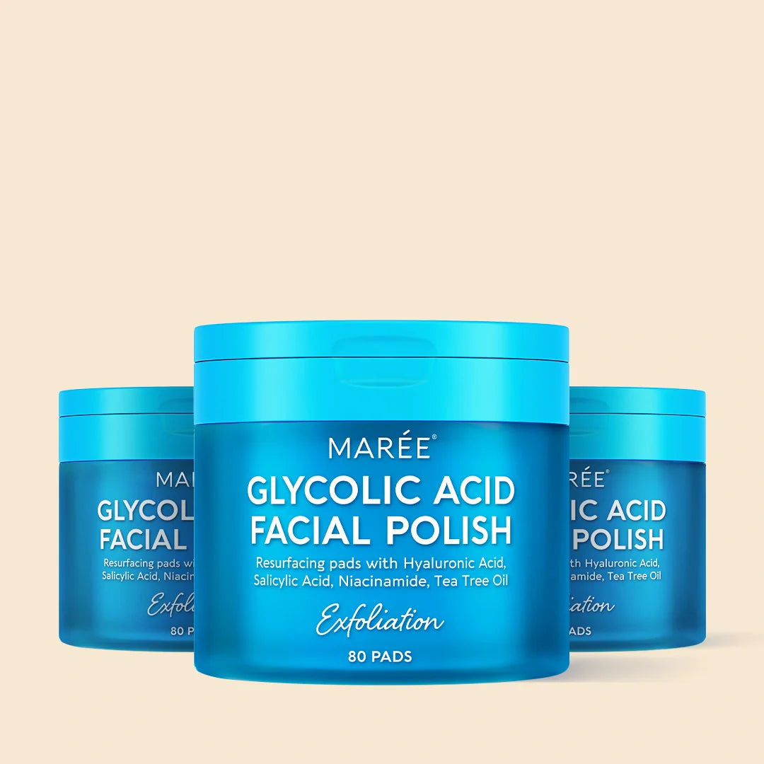 Maree Glycolic Acid Pads in a container, 80-piece pack, featuring soft cotton pads soaked with exfoliating glycolic acid for skincare.