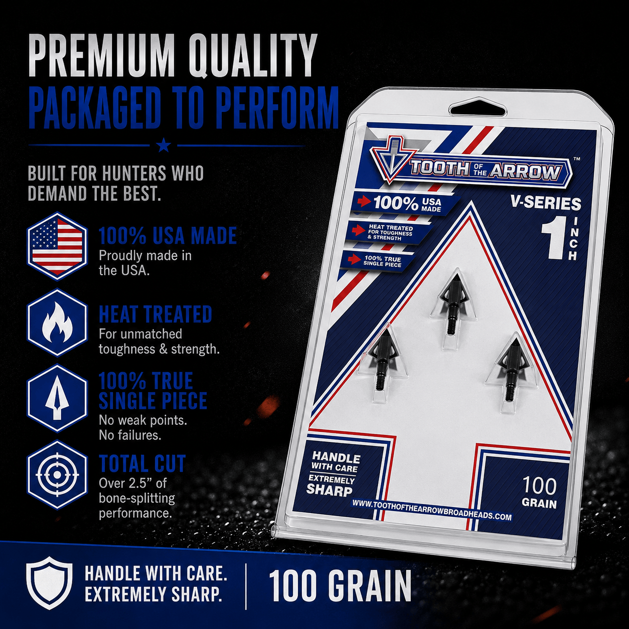 Tooth of the Arrow TOTA 100 grain broadhead with fixed blade and 1-inch vented design for hunting and archery.
