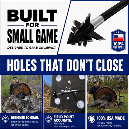 Tooth of the Arrow Broadheads TOTA 100 Grain fixed blade broadhead for small game and turkey hunting, shown with three sharp blades.