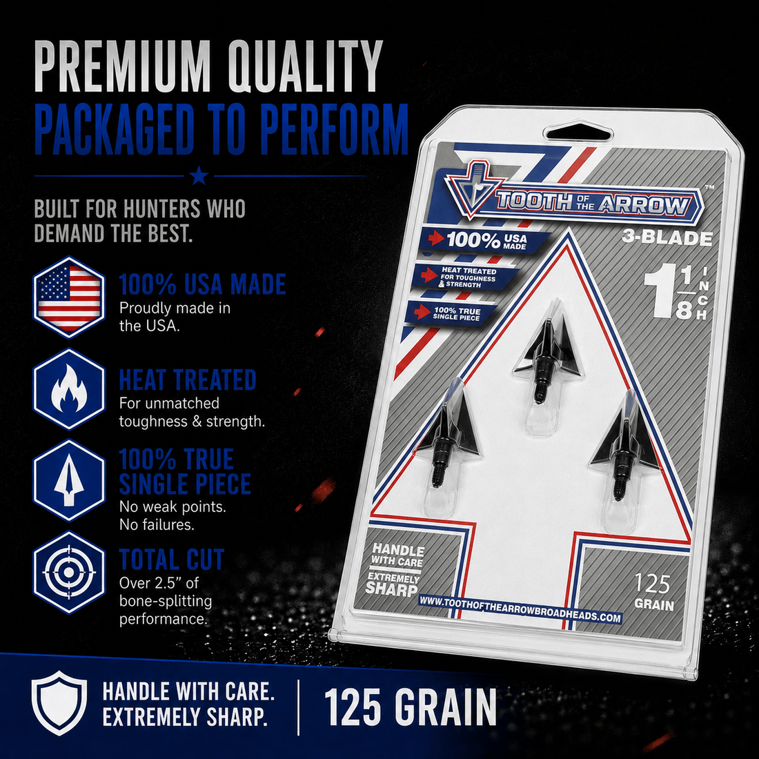 Tooth of the Arrow Broadheads TOTA 125 grain fixed 3-blade broadhead with 1-1/8 inch cutting diameter for hunting and archery.
