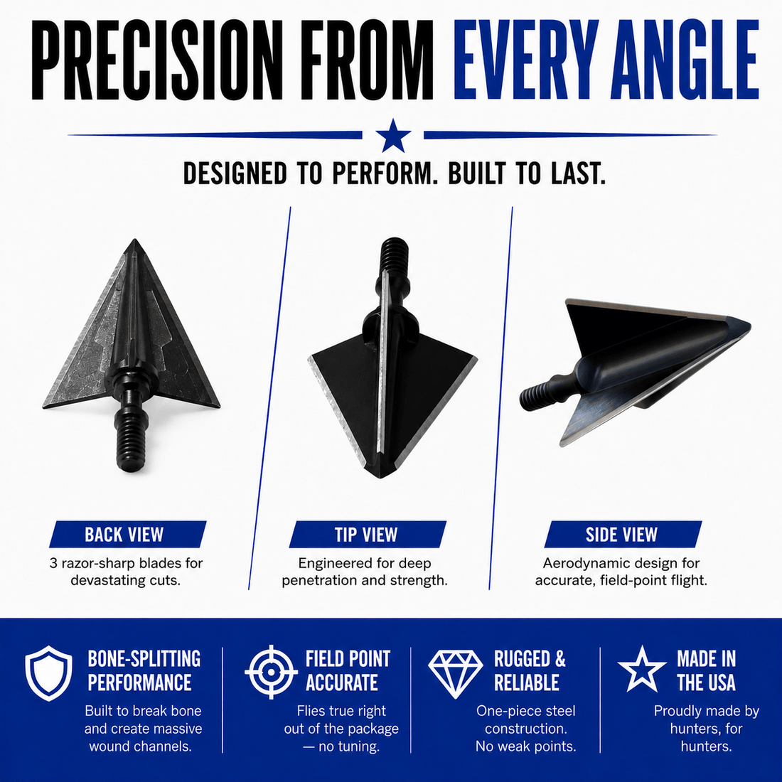Tooth of the Arrow TOTA 125 grain broadhead with 1-1/8 inch fixed 3-blade design for hunting and archery.