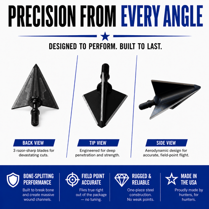Tooth of the Arrow TOTA 125 grain broadhead with 1-1/8 inch fixed 3-blade design for hunting and archery.