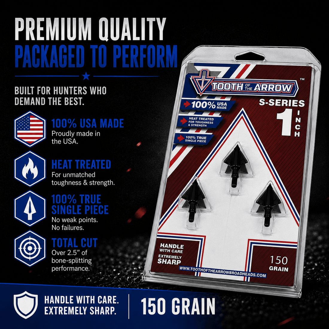 Tooth of the Arrow Broadheads TOTA 150 grain fixed-blade broadhead with 1-inch solid design for hunting and archery.