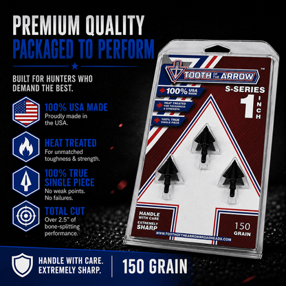 Tooth of the Arrow Broadheads TOTA 150 grain fixed-blade broadhead with 1-inch solid design for hunting and archery.