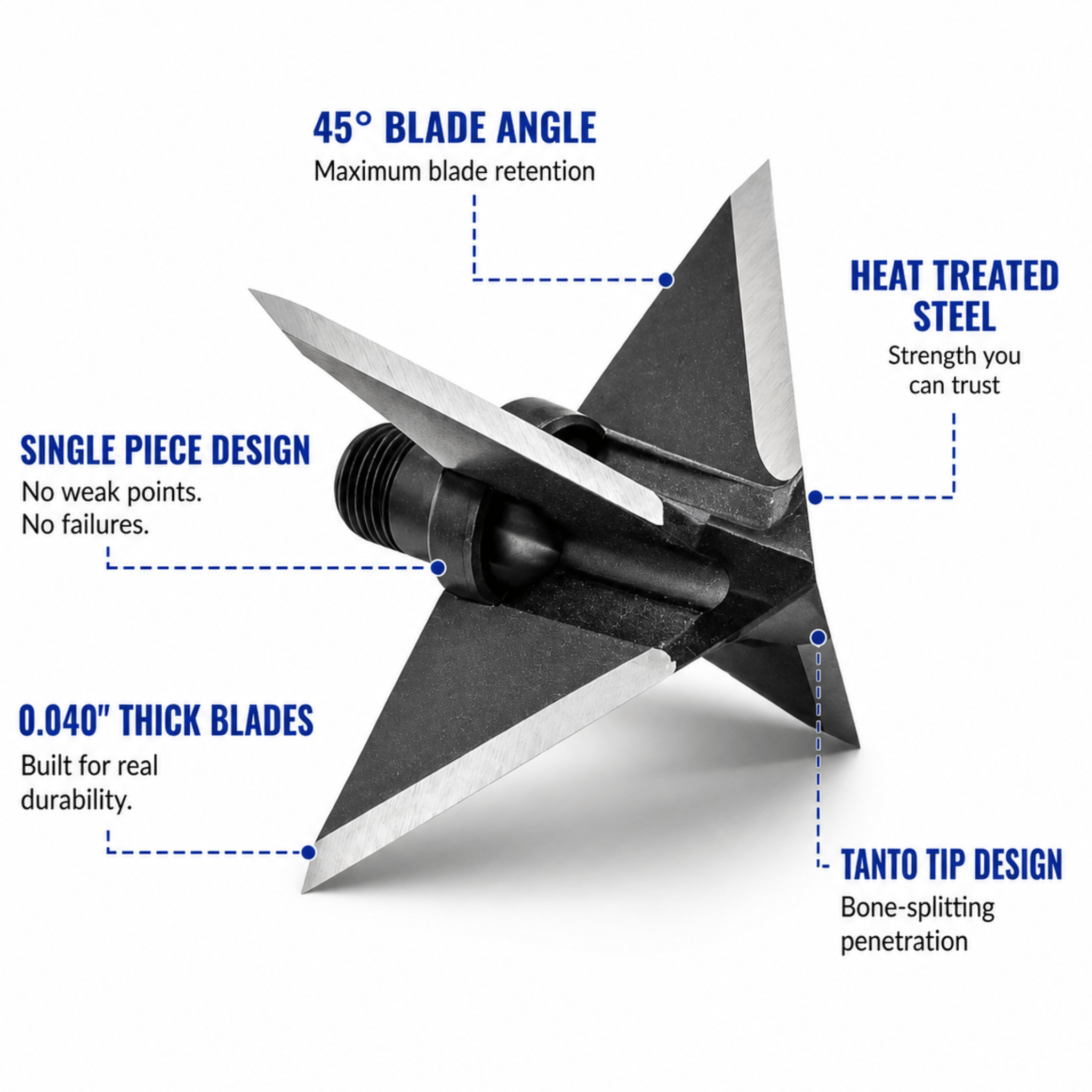 Tooth of the Arrow TOTA 150 grain broadhead with 1-inch solid fixed blade, designed for precise hunting and archery use.