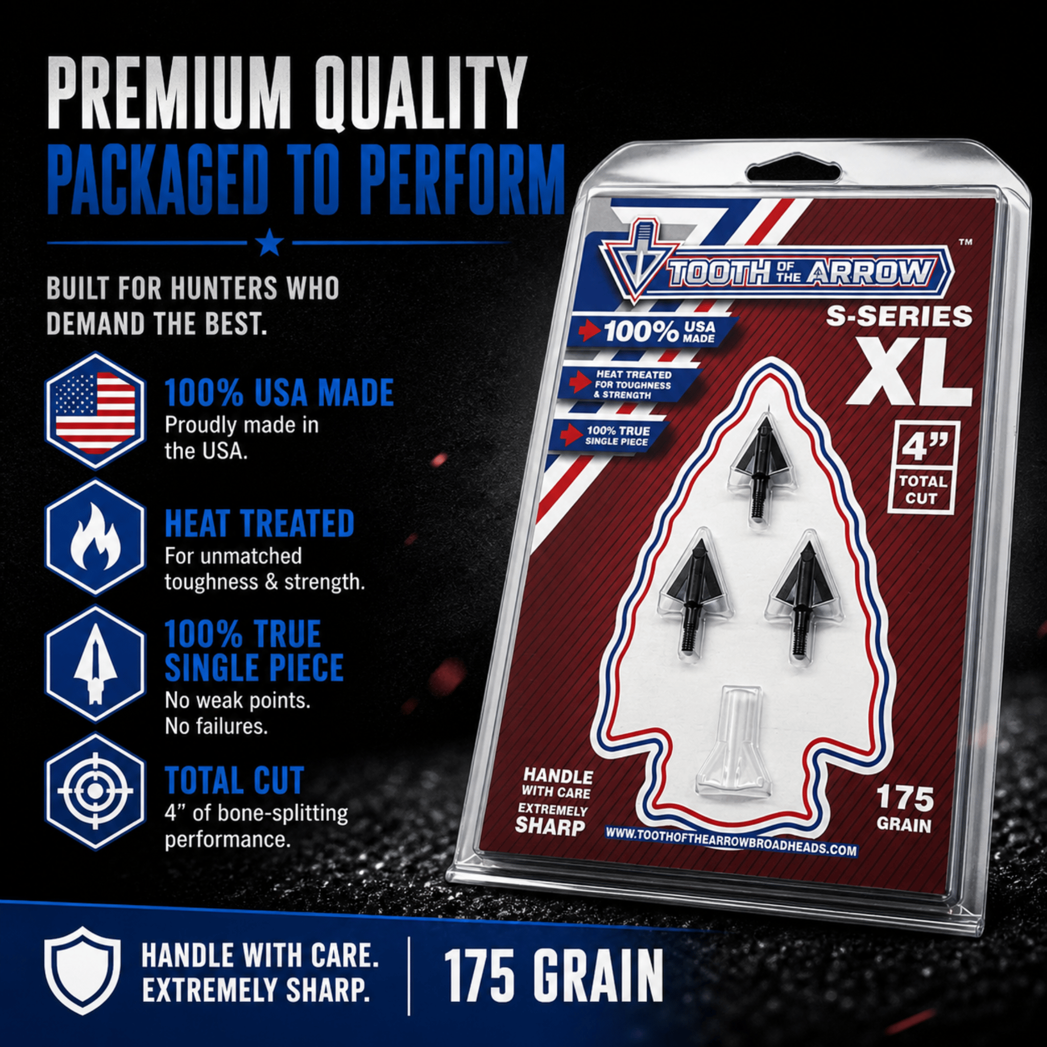 Tooth of the Arrow TOTA 175 grain XL broadhead with 1-3/16-inch solid fixed blades for hunting and archery.