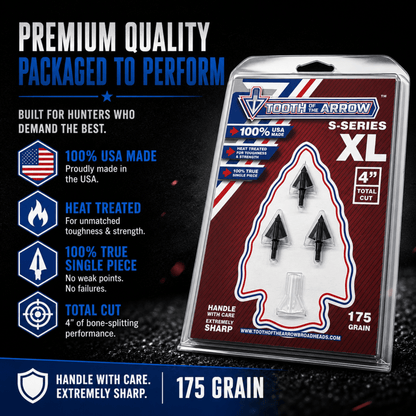 Tooth of the Arrow TOTA 175 grain XL broadhead with 1-3/16-inch solid fixed blades for hunting and archery.