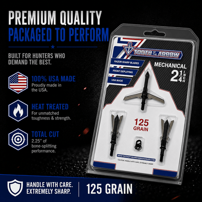 Tooth of the Arrow Broadheads TOTA 2-Blade Expandable Broadhead with 2.25-inch cut and 125 grain for hunting.