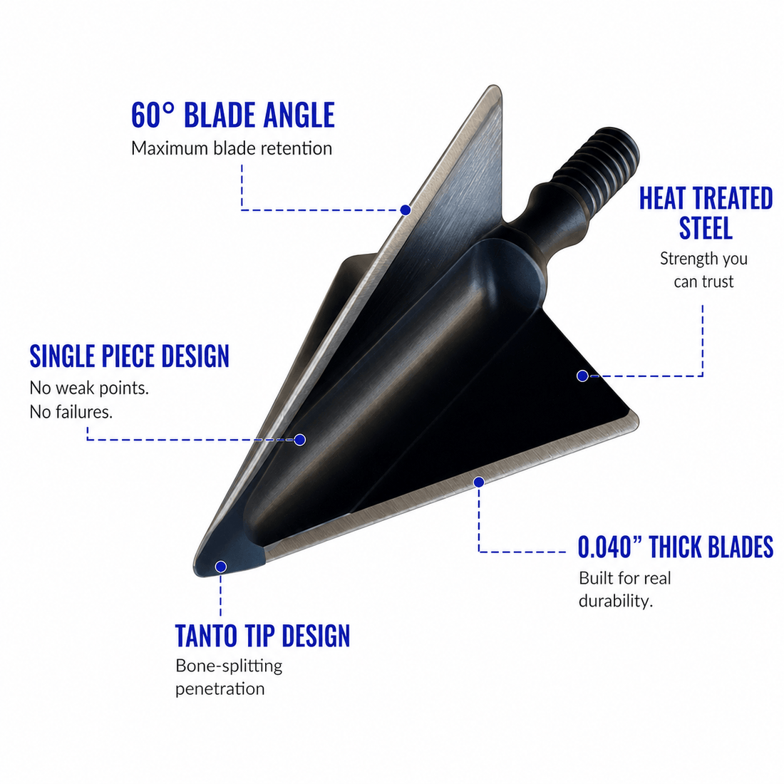 Tooth of the Arrow TOTA 125 grain broadhead with fixed 3-blade design, 1-1/8 inch cutting diameter, suitable for hunting arrows.