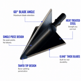 Tooth of the Arrow TOTA 125 grain broadhead with fixed 3-blade design, 1-1/8 inch cutting diameter, suitable for hunting arrows.