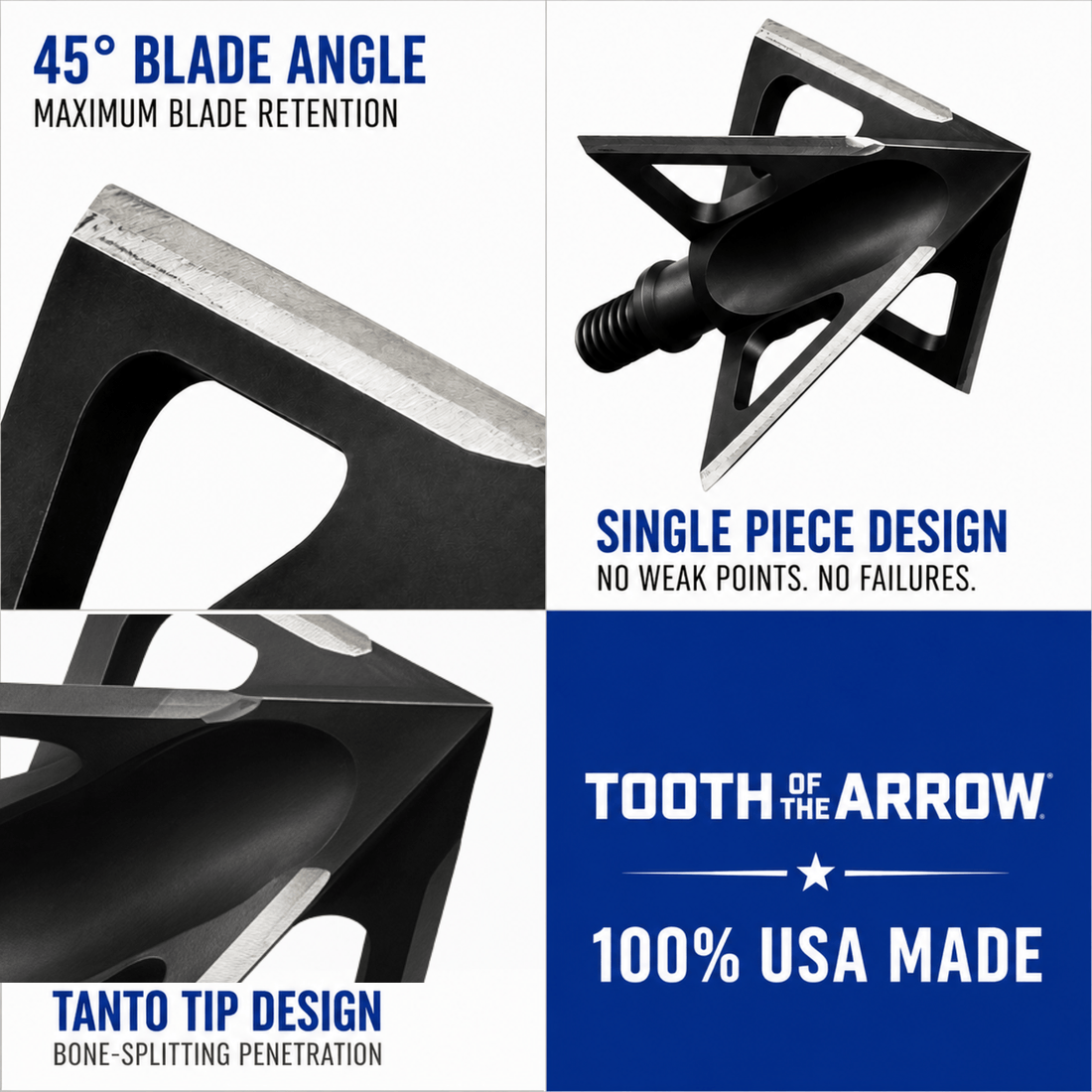Tooth of the Arrow TOTA 125 grain XL broadhead with 1-3/16 inch vented fixed blades for hunting and archery use.