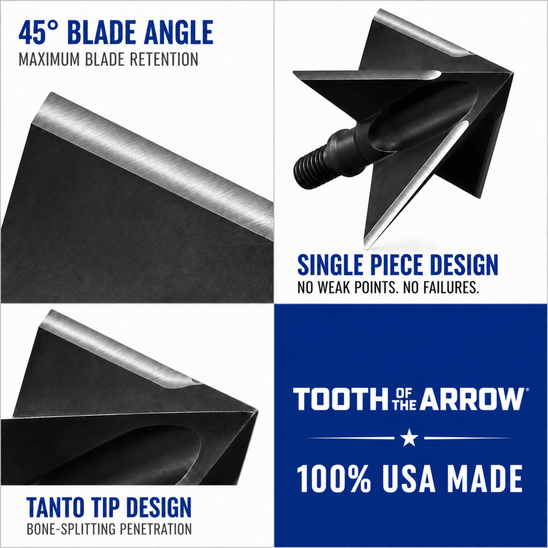 Tooth of the Arrow TOTA 150 grain fixed blade broadhead with 1-inch solid design and 3/16-inch cutting diameter.