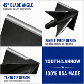 Tooth of the Arrow TOTA 150 grain fixed blade broadhead with 1-inch solid design and 3/16-inch cutting diameter.