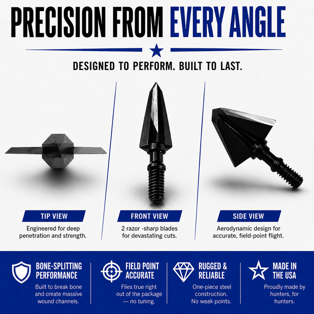 Tooth of the Arrow TOTA 125 grain broadhead with a 1-inch single bevel fixed blade for hunting and archery.