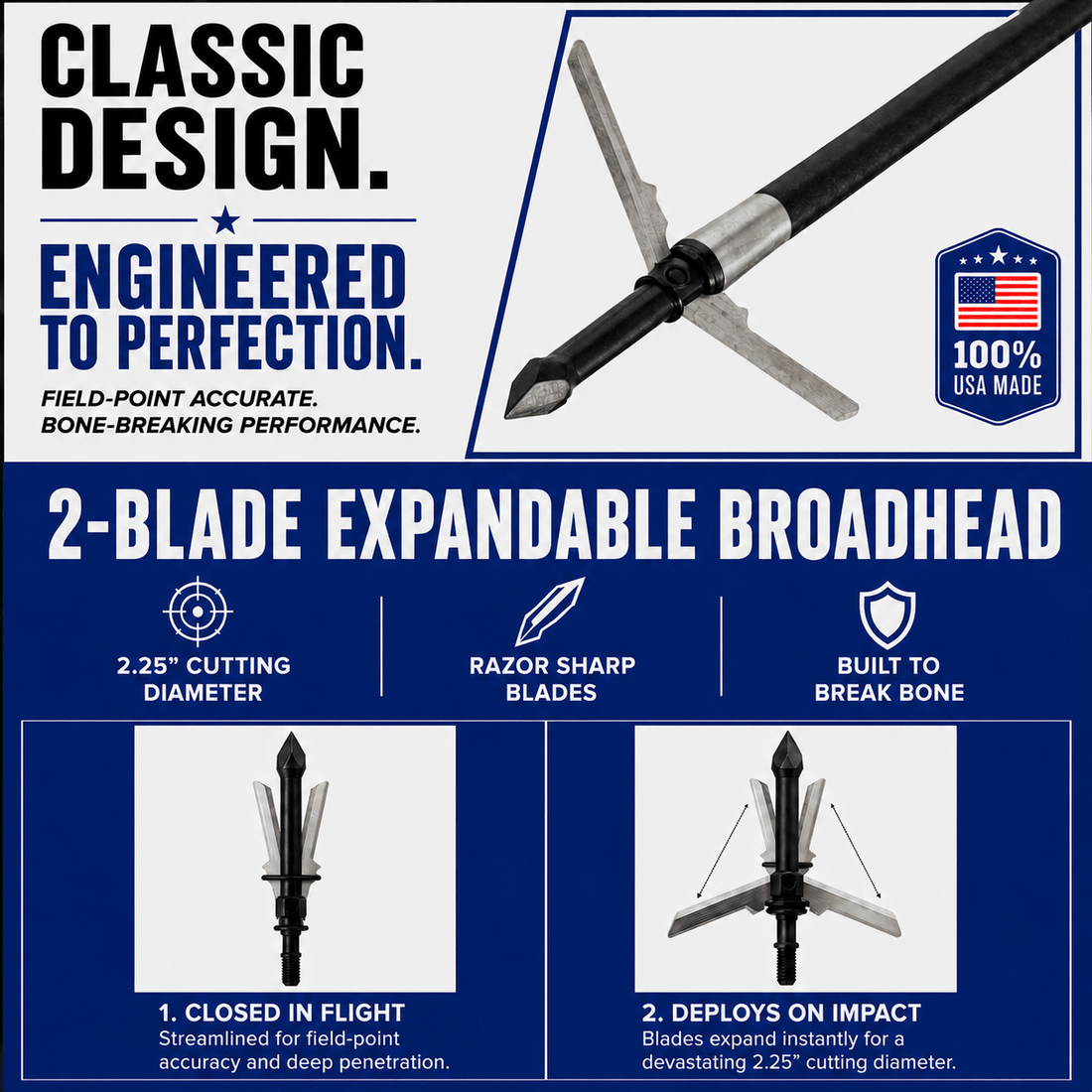 Tooth of the Arrow TOTA 2-Blade Expandable Broadhead with 2.25-inch cut and 125 grain for hunting or archery.