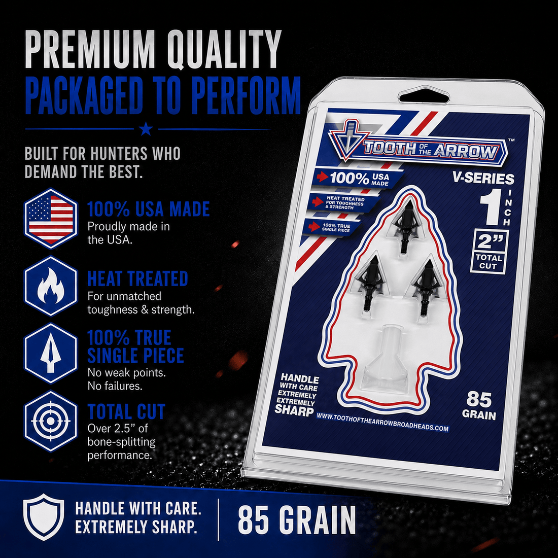 Tooth of the Arrow Broadheads TOTA 85 grain fixed blade broadhead with 1-inch vented design for hunting and archery use.