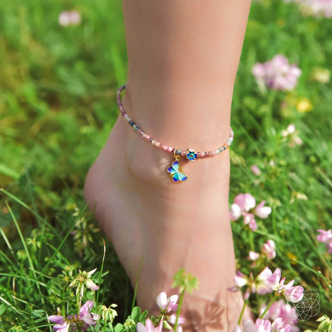 Tourmaline Anklet of Hope by Conscious Items featuring colorful gemstone beads on a delicate silver chain.