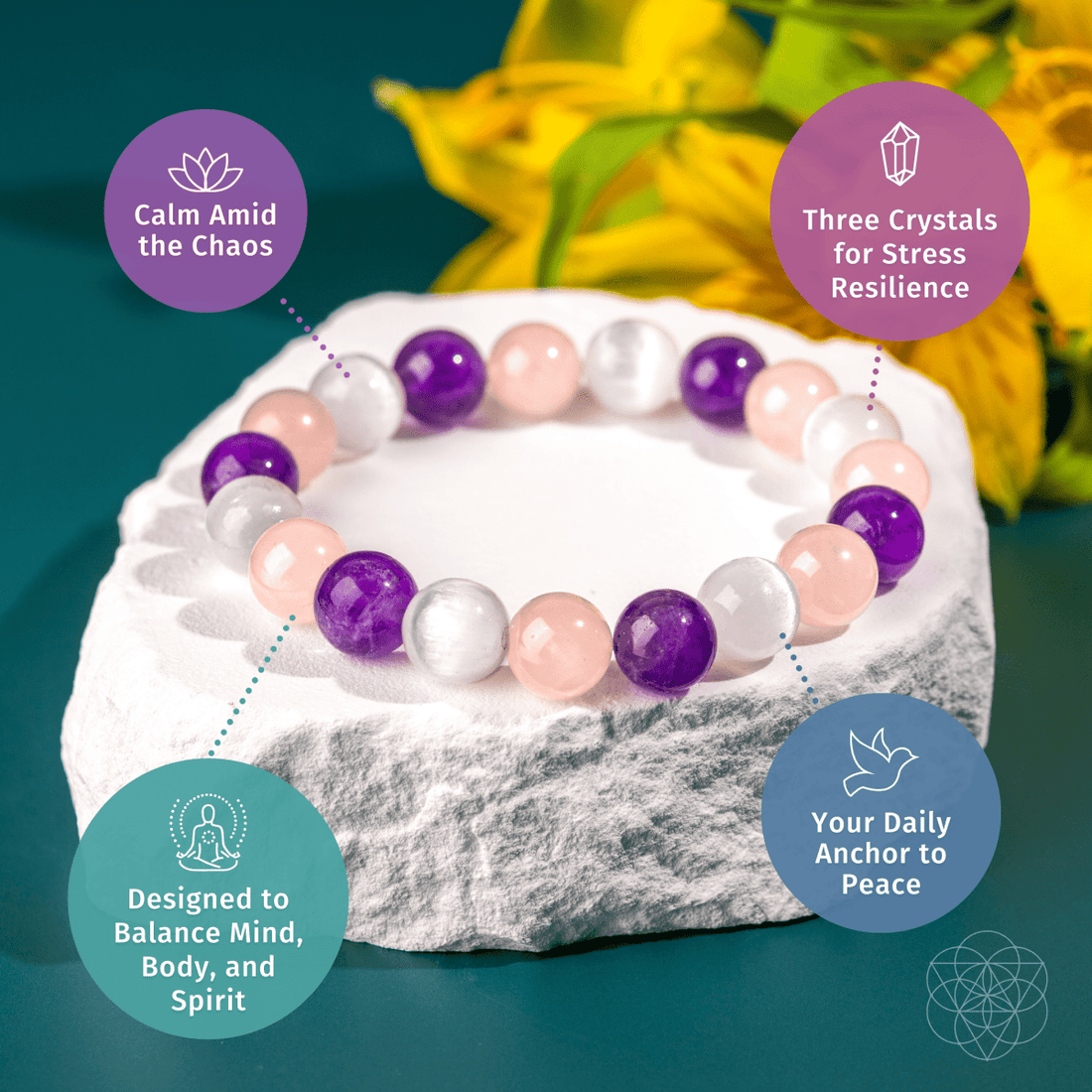 Conscious Items Trinity Bracelet of Stress Resilience featuring intertwined metal and beaded design on a neutral background.