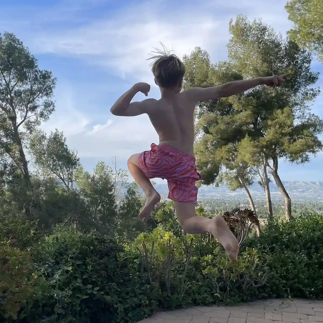 Boys Hybrid Swim &amp; Play Shorts – Tropical Swirl - Coral and Orchid