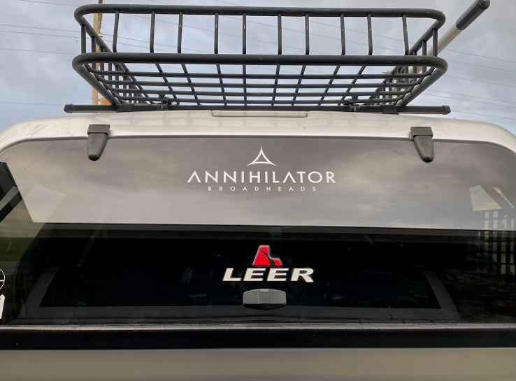 Annihilator Broadheads transfer sticker featuring a bold graphic design, suitable for truck decals and outdoor gear decoration.