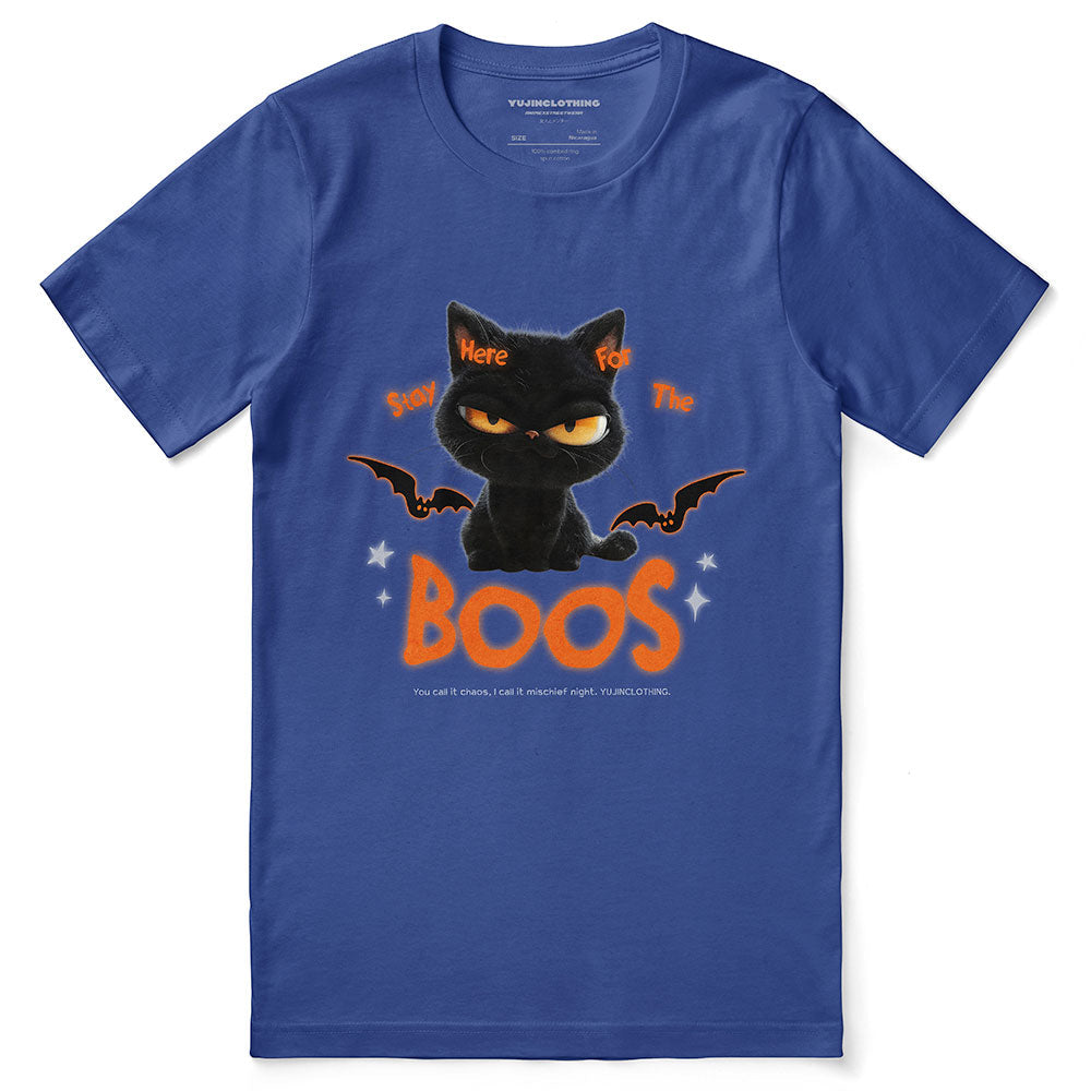 Yūjin Clothing Here For The Boos T-Shirt featuring a casual fit and graphic design, perfect for Halloween or spooky-themed outfits.