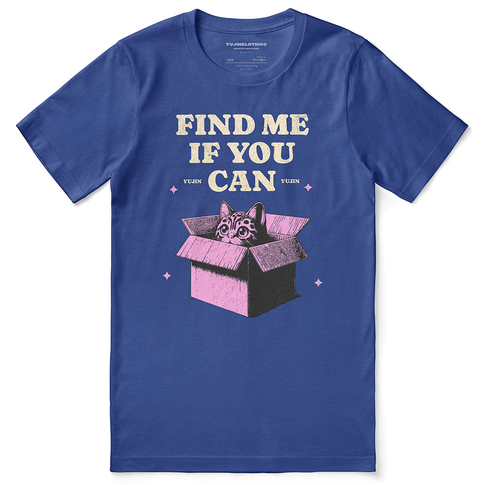 Yūjin Clothing Find Me Cat T-Shirt featuring a playful cat graphic on a casual cotton t-shirt for cat lovers.