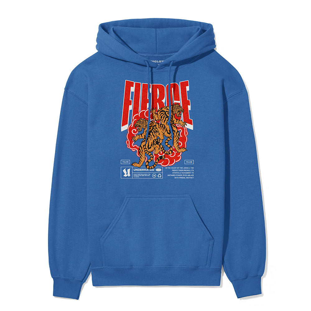 Yūjin Clothing Fierce Tiger hoodie featuring a bold tiger graphic on black fabric, with a comfortable hood and casual fit.