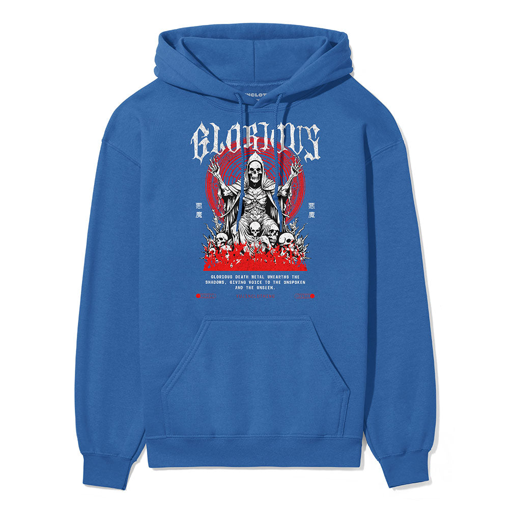 Black Yūjin Clothing Glorious Death hoodie with bold graphic design and comfortable fit, perfect for casual wear.