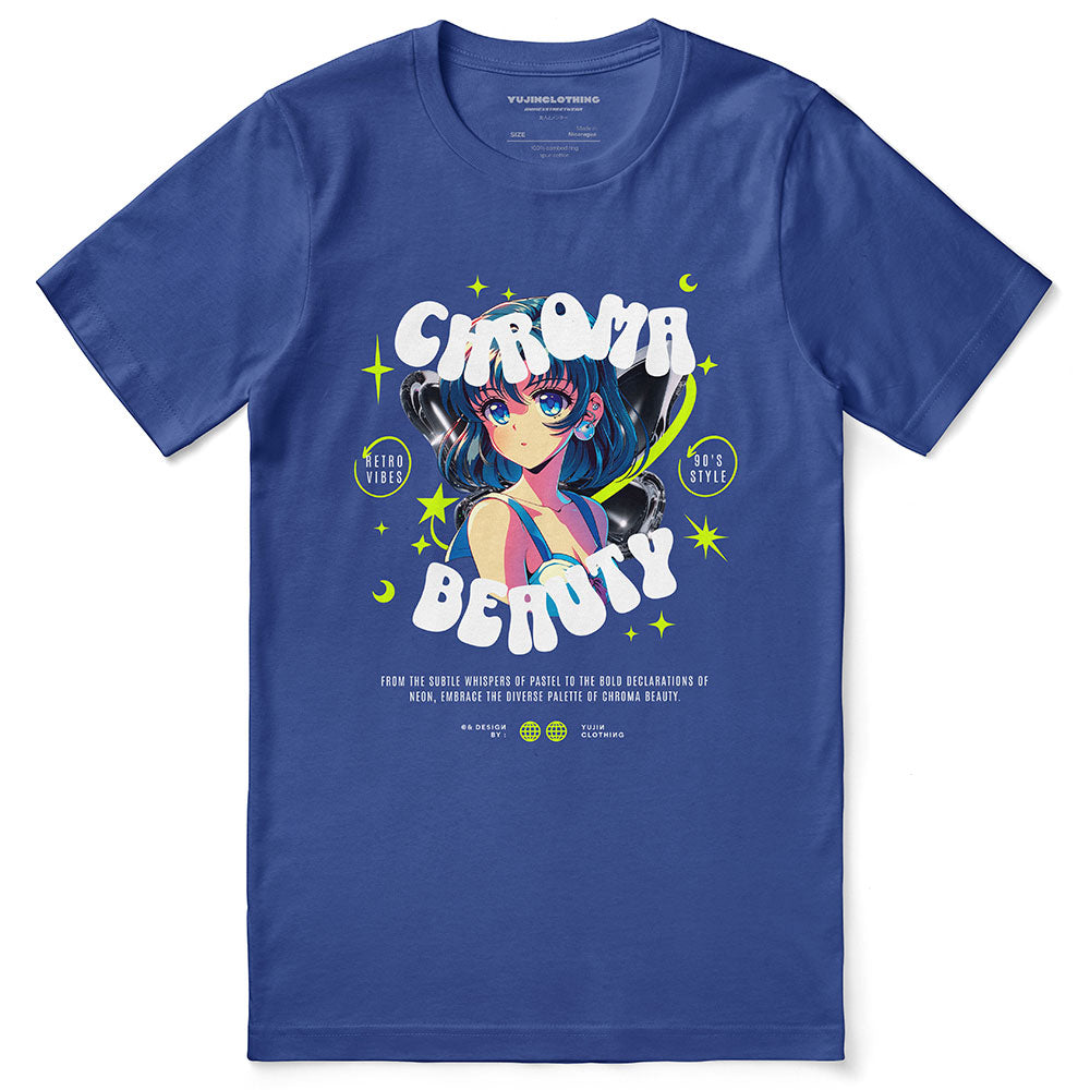 Yūjin Clothing Chroma Beauty T-Shirt featuring a vibrant colorful graphic design on soft cotton fabric.