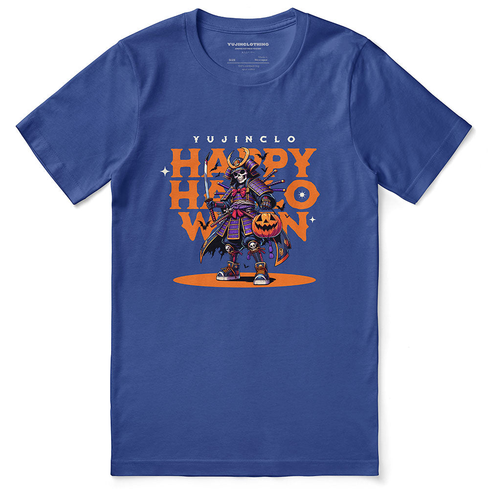 Yūjin Clothing Samurai Halloween T-Shirt featuring a detailed samurai design on a black casual T-shirt.