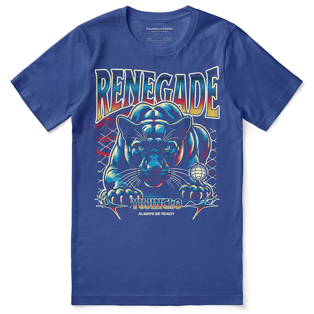 Yūjin Clothing Renegade Cat T-Shirt featuring a bold cat graphic on a casual black tee for stylish feline lovers.