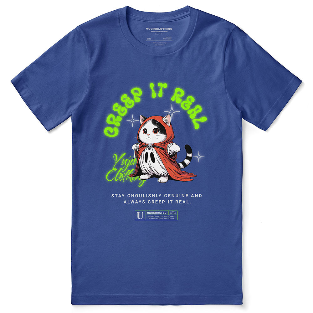Yūjin Clothing Creep It Real cat T-shirt featuring a spooky design and comfortable fit, perfect for cat lovers and Halloween fans.