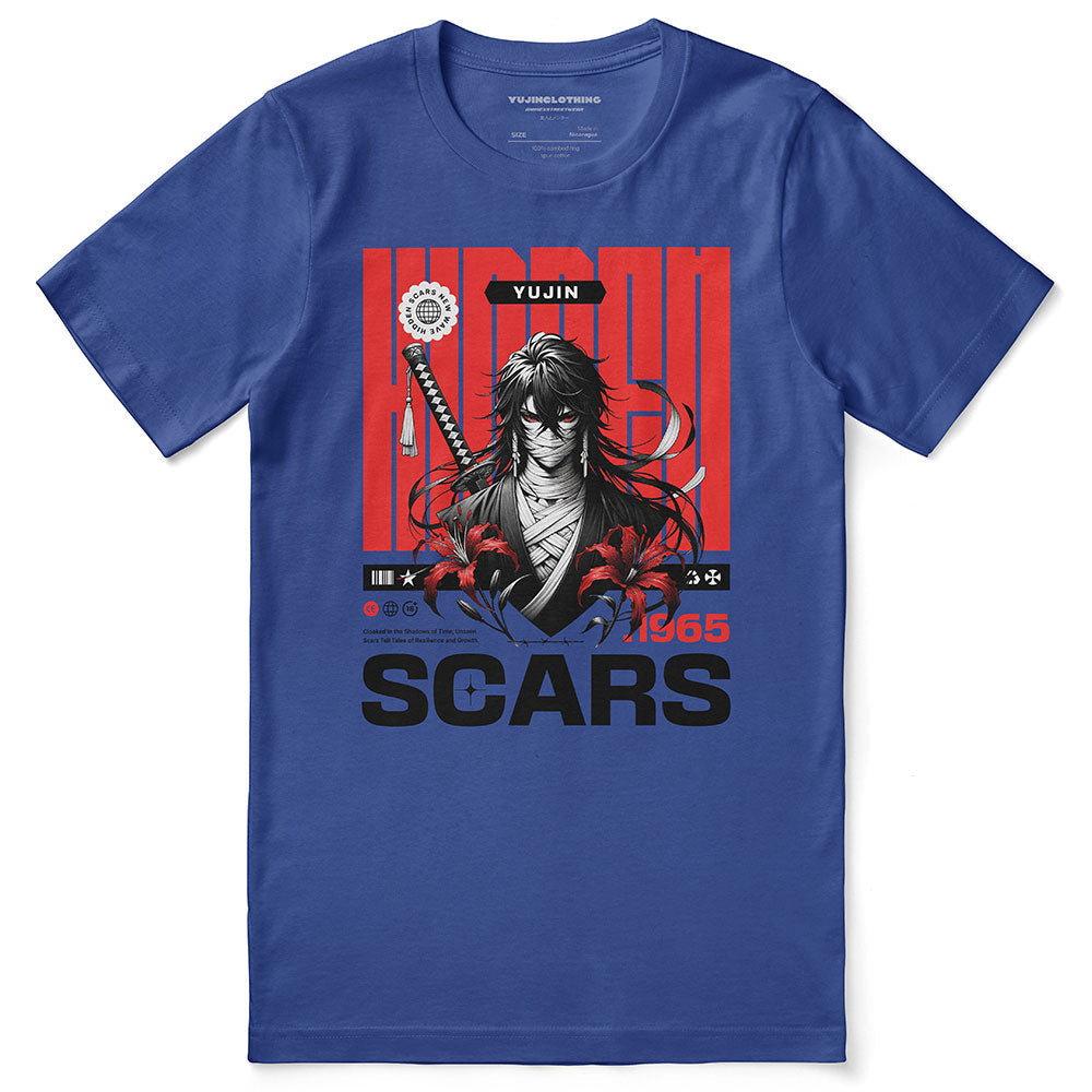Yūjin Clothing Hidden Scars T-Shirt featuring a stylish graphic design on a black cotton T-shirt.