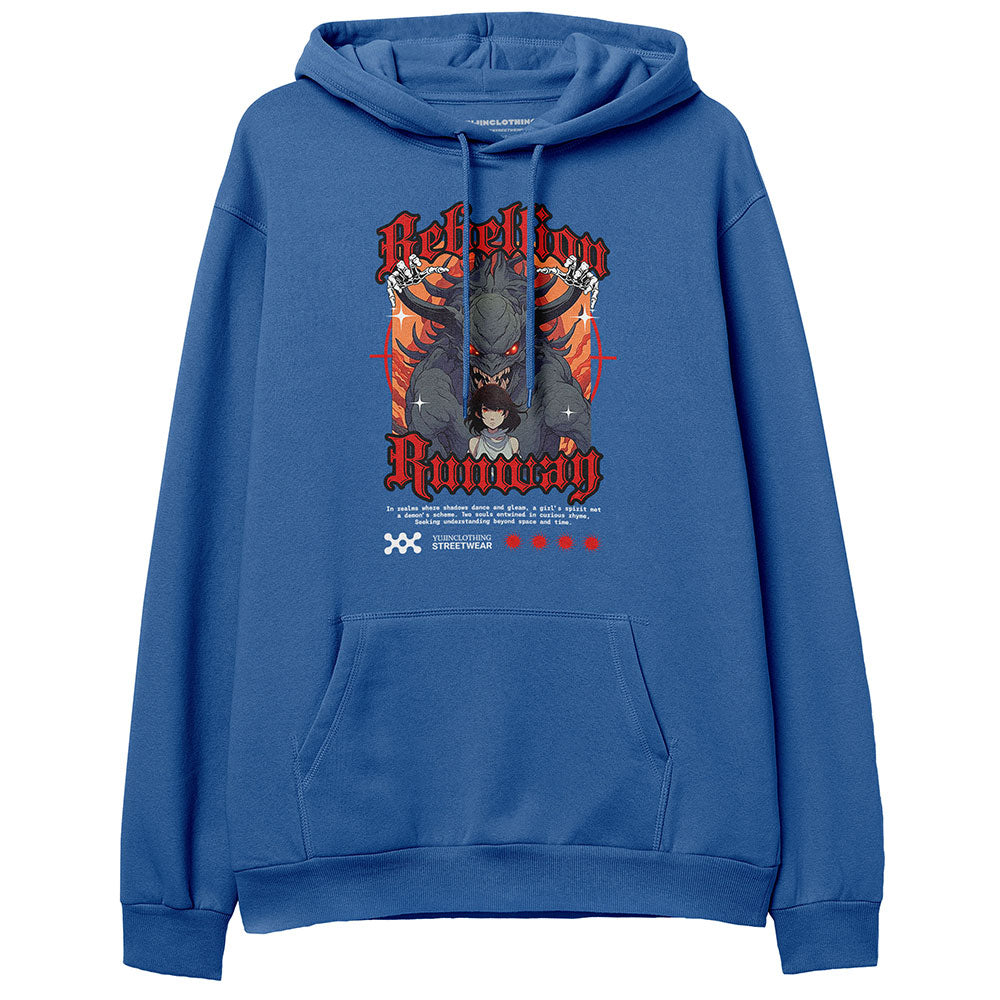 Yūjin Clothing Rebellion Hoodie in black with bold front graphic, comfortable fit, and drawstring hood for casual wear.