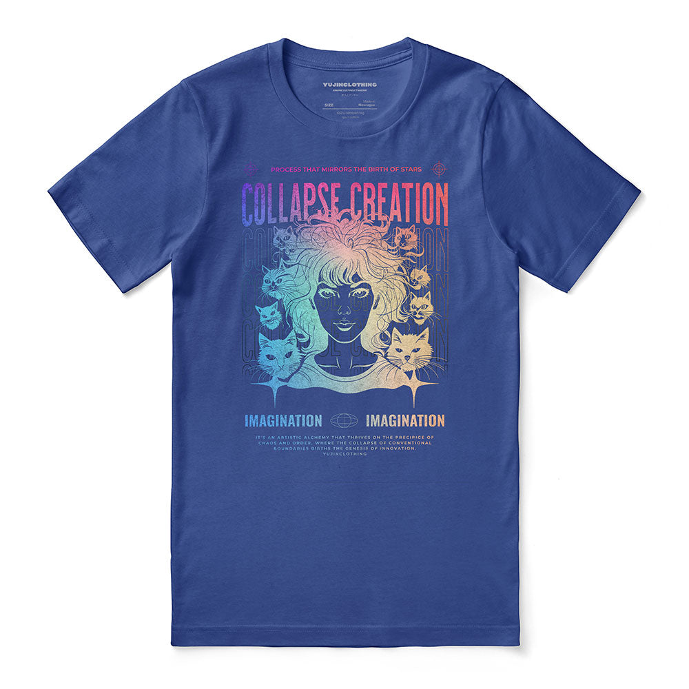 Collapse Creation Cat T-Shirt by Yūjin Clothing featuring a colorful cat graphic on a comfortable cotton T-shirt.