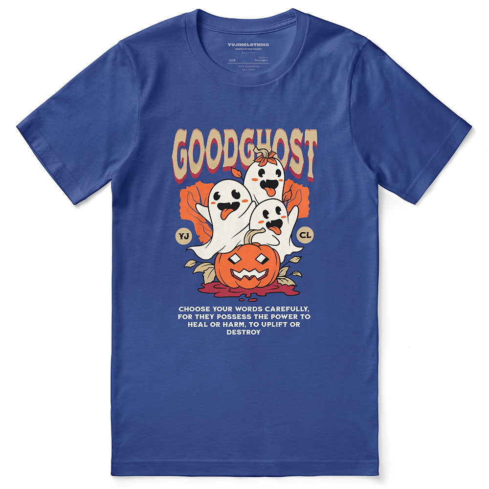 Yūjin Clothing Goodghost Halloween T-Shirt featuring a spooky ghost design on a black cotton tee.