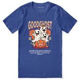 Yūjin Clothing Goodghost Halloween T-Shirt featuring a spooky ghost design on a black cotton tee.