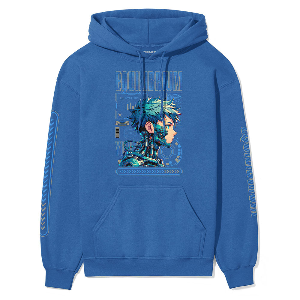 Yūjin Clothing Equilibrium Cyborg Hoodie featuring a futuristic design, soft fabric, and comfortable fit for casual wear.