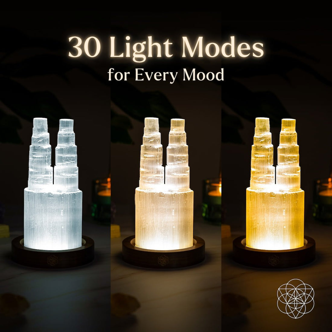 Two-tower Selenite lamp by Conscious Items, night light for energy cleansing and reset, with glowing white selenite crystals.