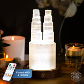 Two-Tower Selenite Lamp night light by Conscious Items, featuring white selenite towers for deep energy cleansing and resetting.