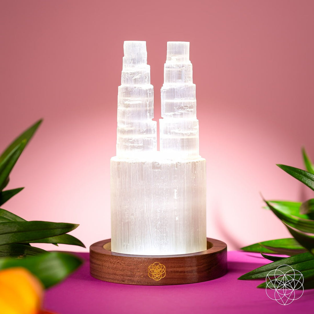 Two-Tower Selenite Lamp night light by Conscious Items, featuring two glowing selenite towers for energy cleansing and reset.