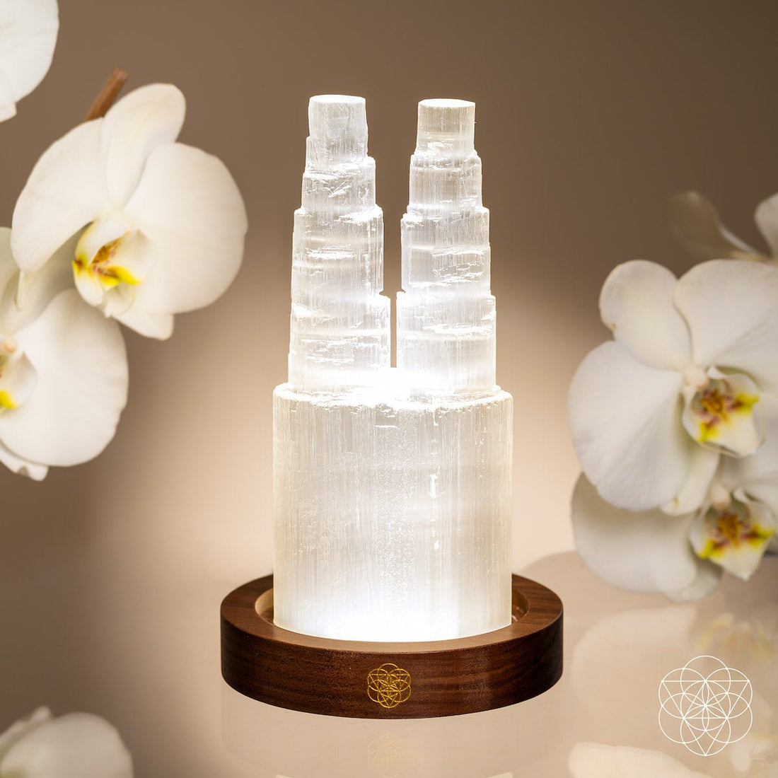 Two-tower Selenite lamp night light by Conscious Items, designed for deep energy cleansing and resetting.
