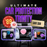 Conscious Items Ultimate Car Protection Trinity bundle with car wax, interior cleaner, and tire shine products on a clean surface.