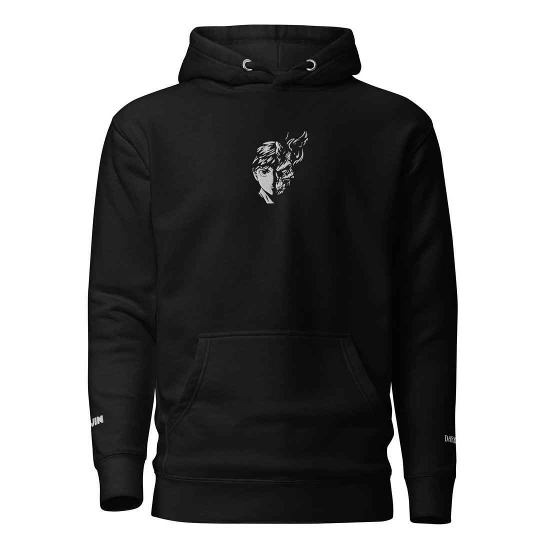 Dark Side hoodie by Yūjin Clothing featuring a black fabric with a subtle dark side graphic design and a comfortable fit.
