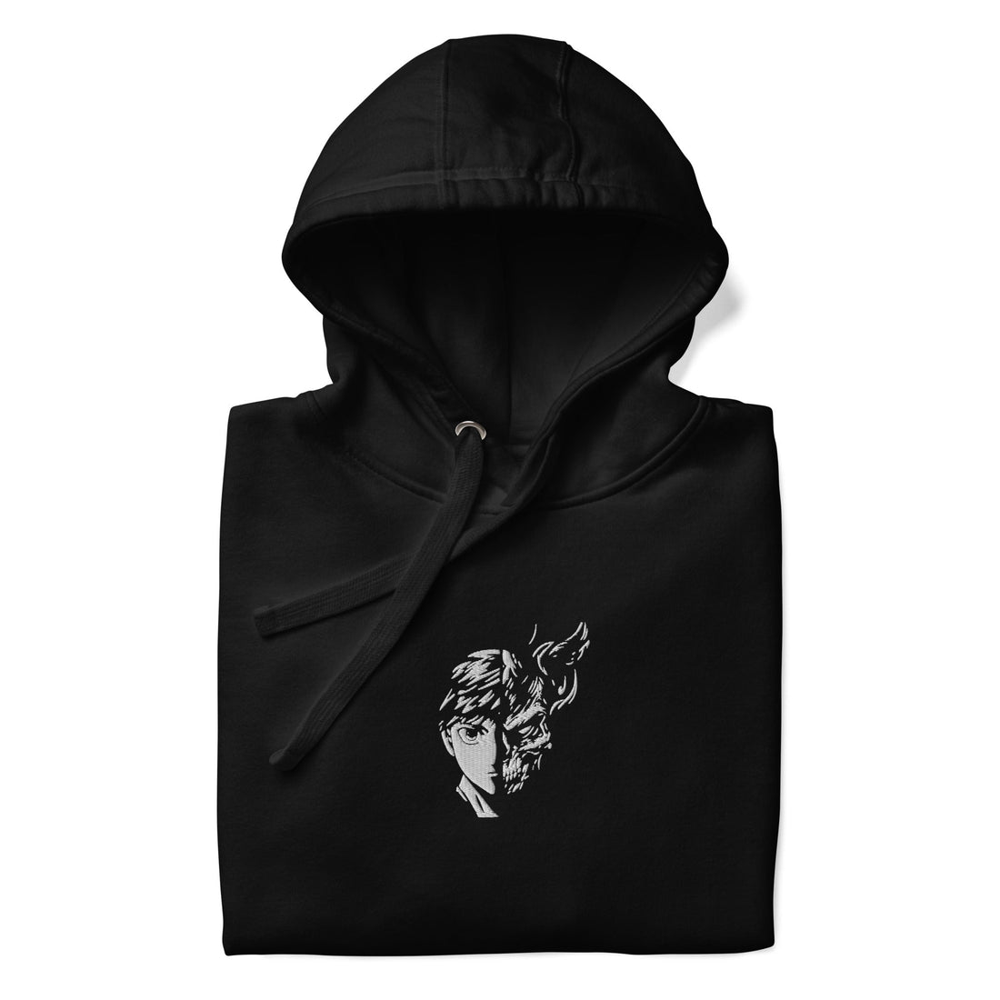 Yūjin Clothing Dark Side hoodie featuring a black fabric, hooded design, and stylish dark-themed graphics.