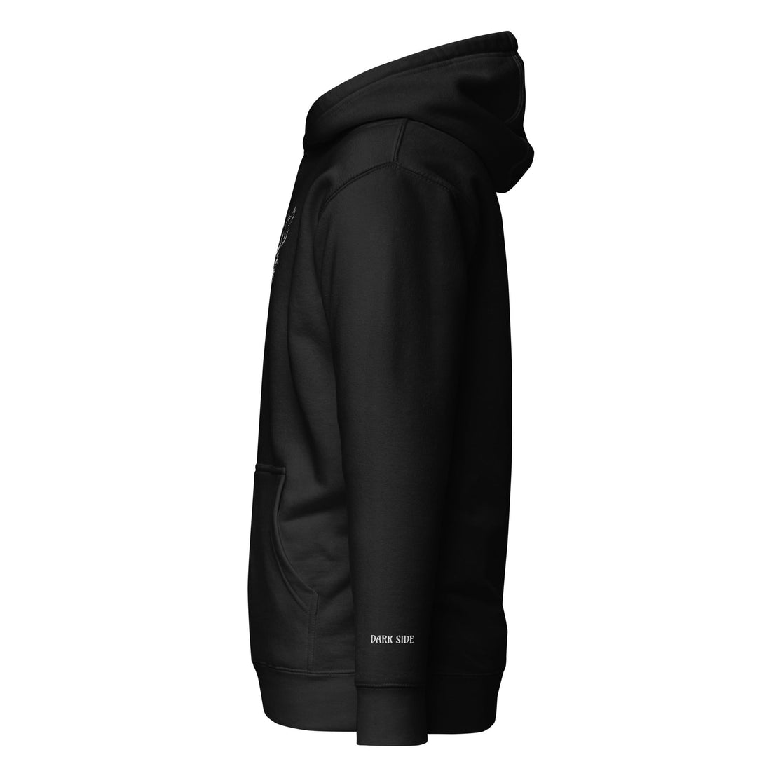 Yūjin Clothing Dark Side Hoodie featuring a black fabric with a bold graphic design and a front kangaroo pocket.