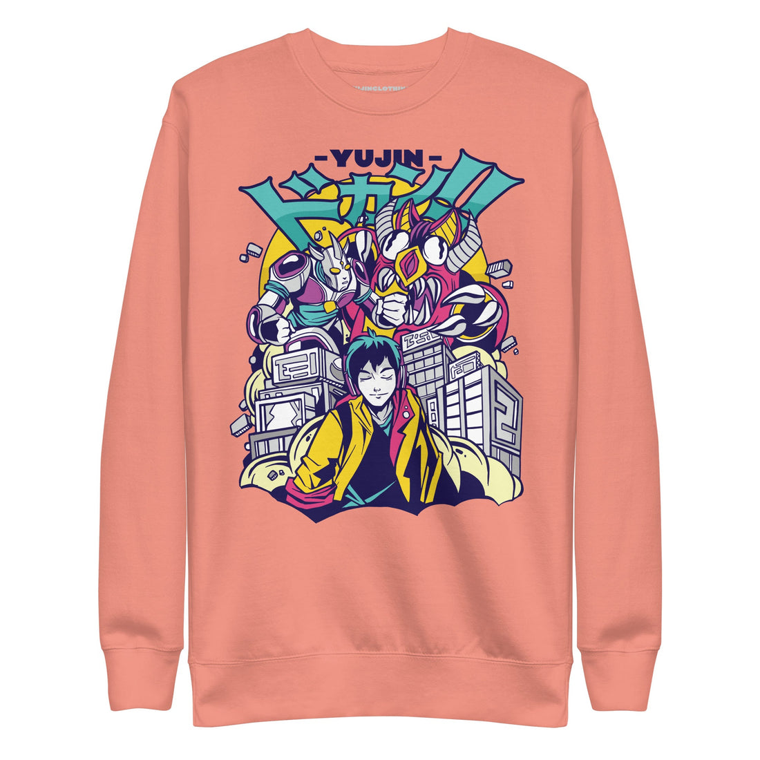 Yūjin Clothing City Life premium sweatshirt featuring a casual fit and city-inspired design, displayed on a hanger.