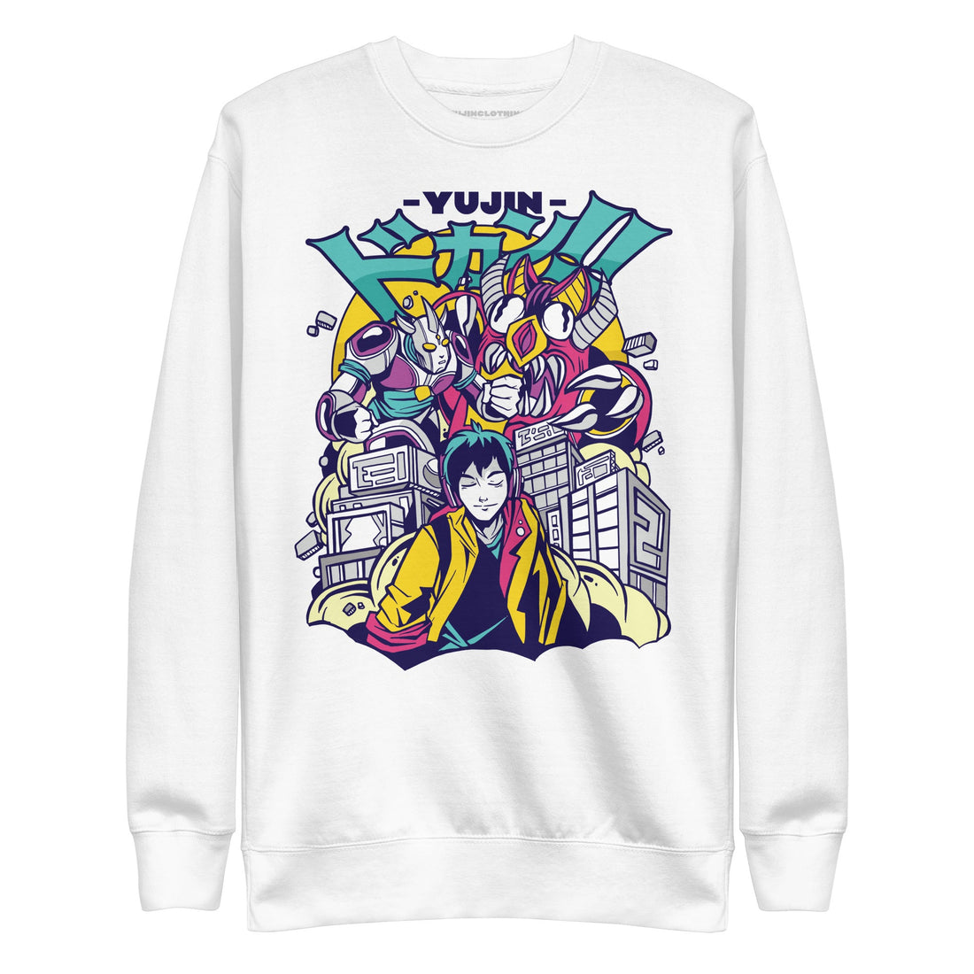 Yūjin Clothing City Life Premium Sweatshirt in gray with urban-inspired design and comfortable fit, casual streetwear style.